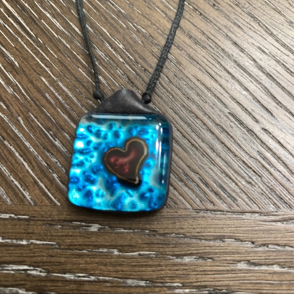 Artisan handmade blue square glass medallion cord leather necklace - Picture 8 of 10